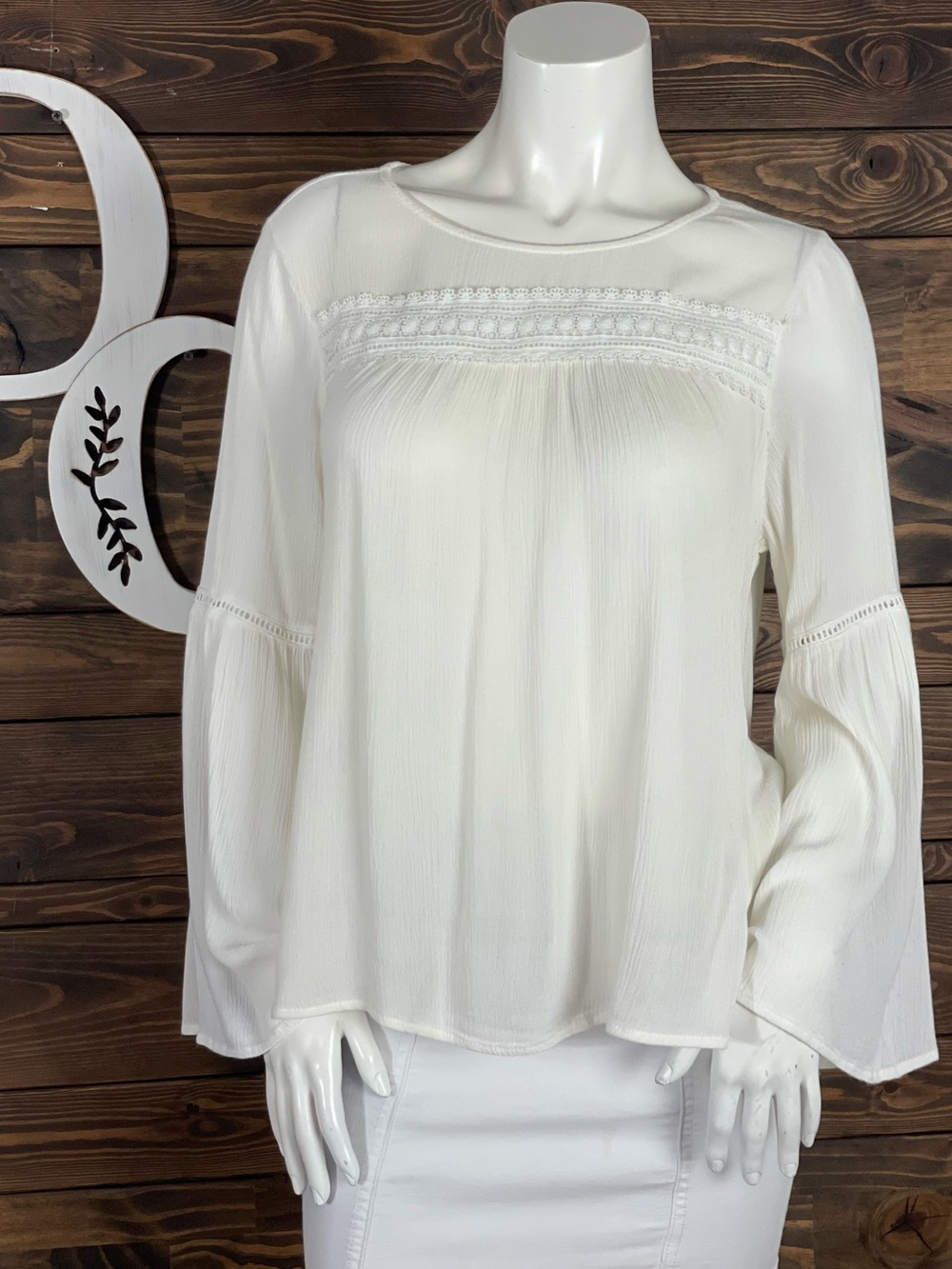 Blue Rain | Ivory White Lace-Trim Blouse - Classic Lightweight Top Bell Sleeves